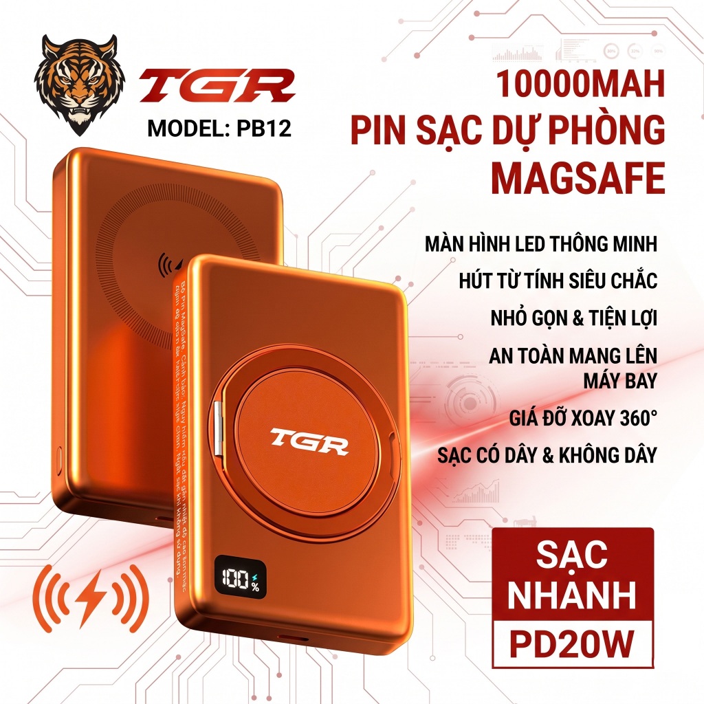 Sạc dự phòng TGR-PB12-10000mah-磁吸支架无线充电宝-橙色